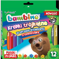 Kredki trjktne w drewnie BAMBINO 12 kolorw z glinki kaolinowej + temperwka opak.kart.St.Majewski